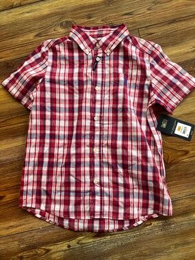 U.S. Polo Assn. Short Sleeve Button-Up Shirt for Boys, Size L(10/12) Plaid Red